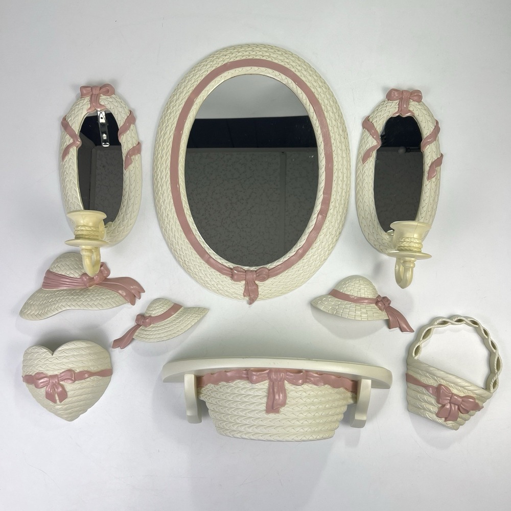 Vtg 90's Burwood Wall Decor 9pc Set White Pink Bows Faux Wicker Mirrors *Flaws*
